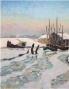 Curdes, Richard (1891 Jeziorna bei Warschau- 1974 Nordholz) "Fischerboote in vereister Küstenlandsc