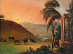 Südamerikanischer Maler "Landschaft mit Viehtreiber bei der Rast", Öl/ Metall, unsign., 25x33 cm, R