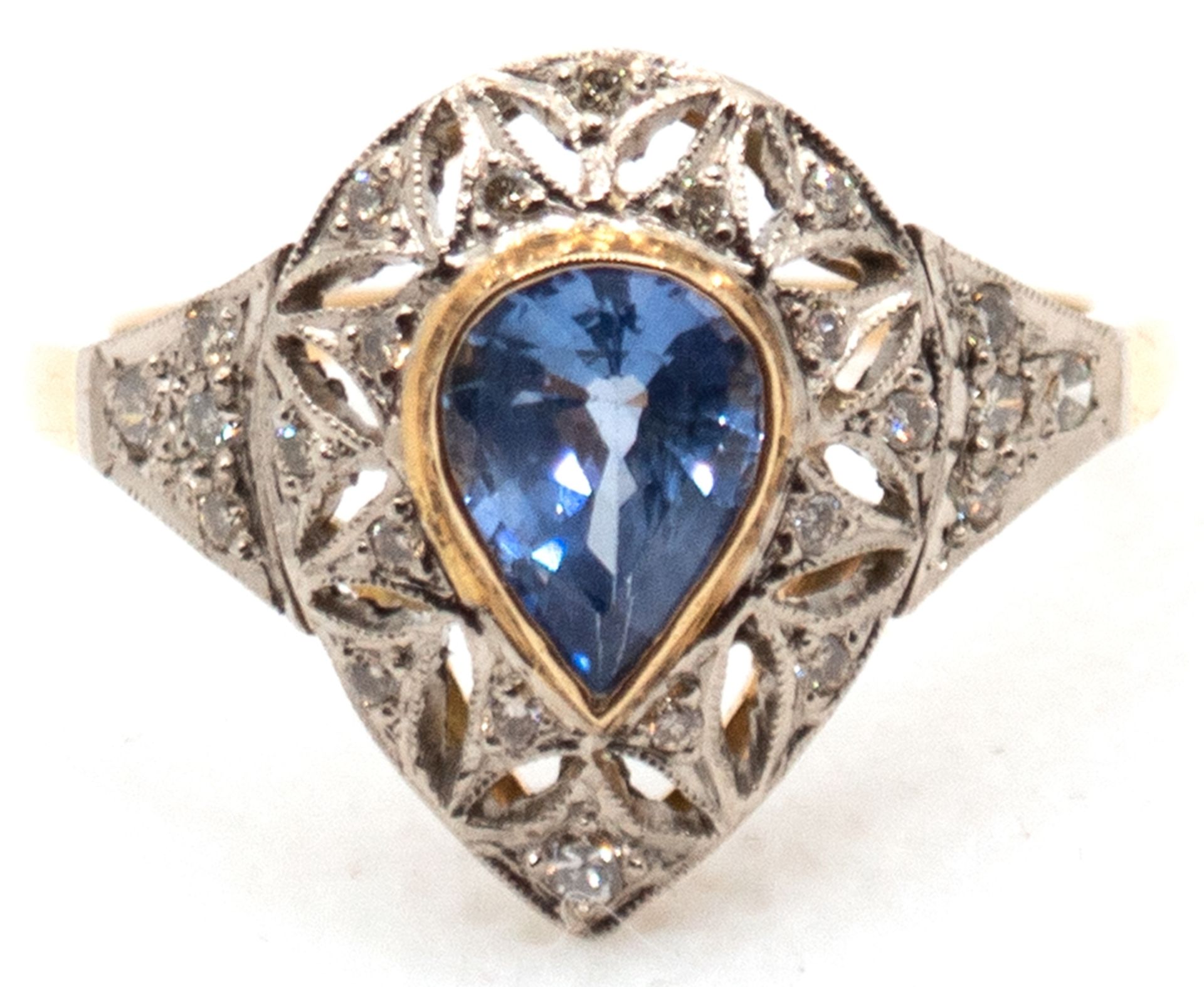 Ring, 750er GG/WG, Saphir 1,42 ct., Brillanten 0,21 ct., RG 57, Innendurchmesser 16,5 mm