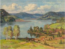 Halbauer "Ein Sommertag am See", Öl/Lw./Sperrholz, sign. u.l. und dat. 1943, 27x35 cm, Rahmen