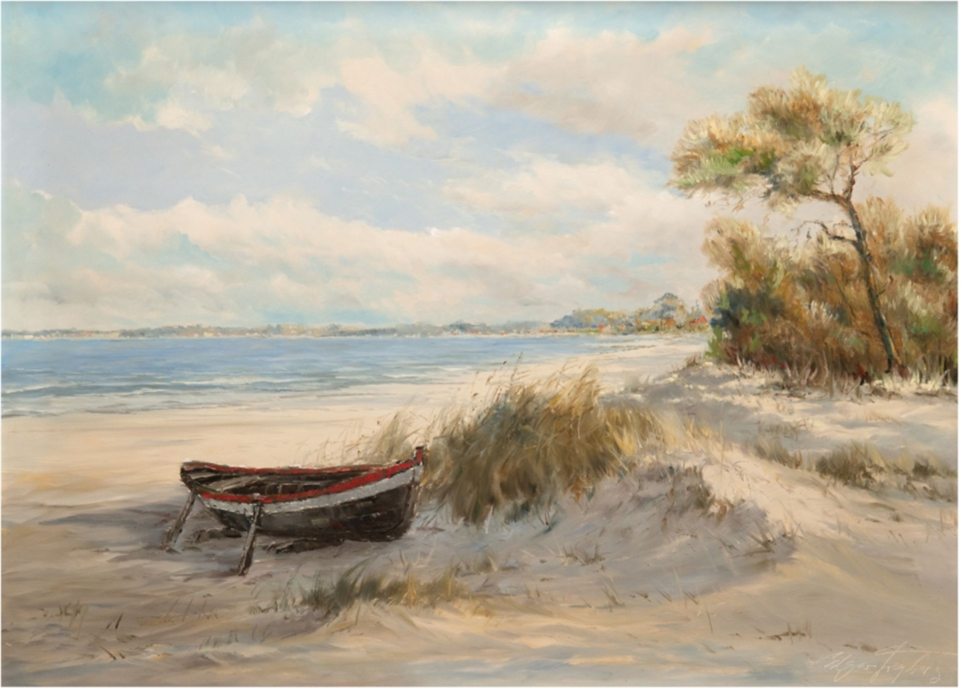 Freyberg, Edgar (1927-2017) "Ostseestrand mit Boot", Öl/Lw., sign. u.r., 60x80 cm, Rahmen