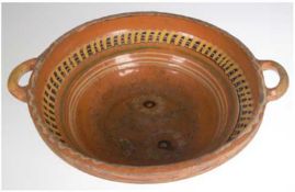 Große Keramikschüssel, um 1800, mit 2 seitl. Handhaben, innen braun glasiert und polychrom bemalt, 