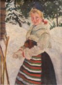 Maler um 1900 "Junge Frau in norwegischer Tracht in Winterlandschaft", Öl/Lw., unsign., 37x26,5 cm,