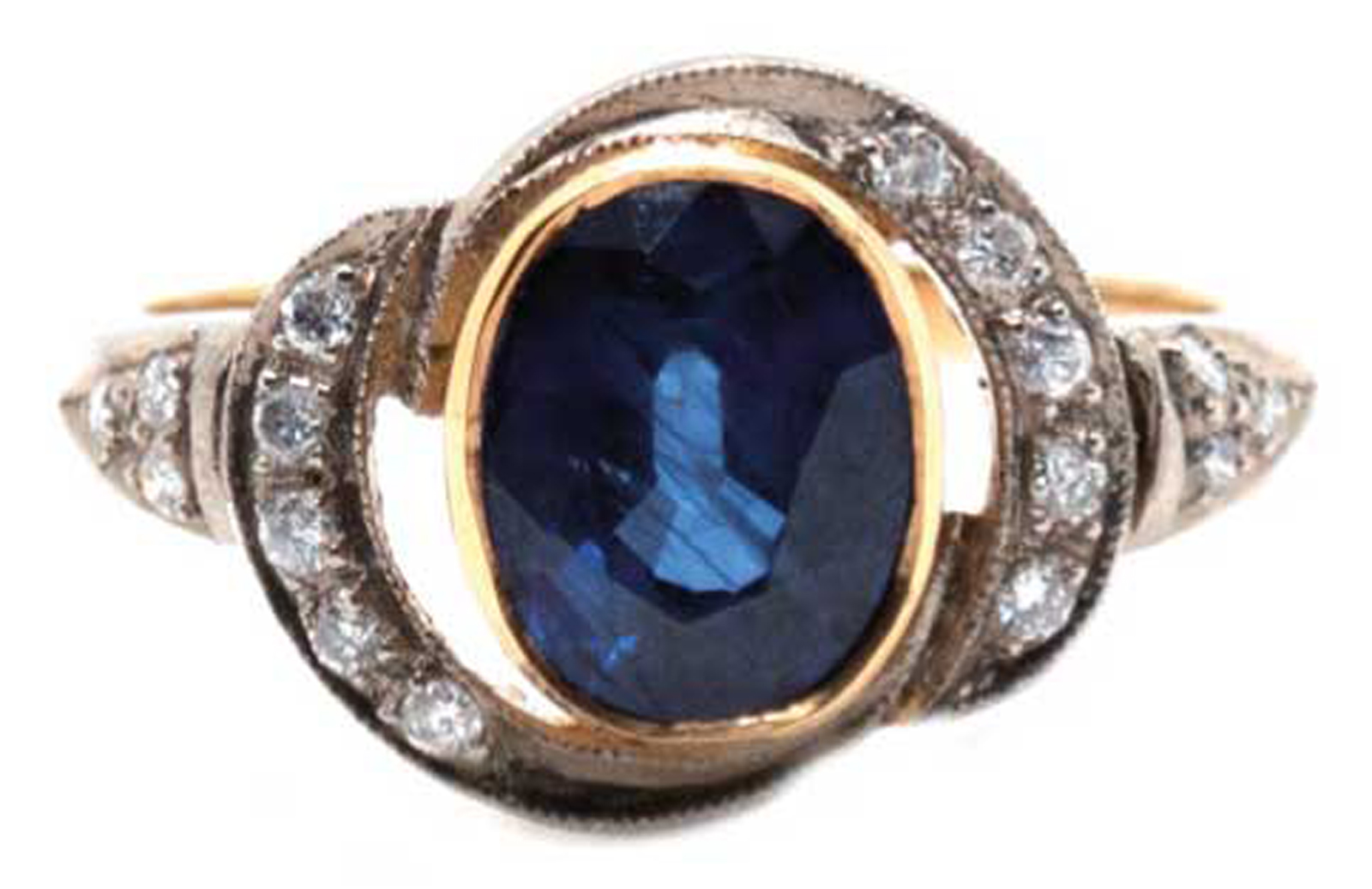 Ring, 750er GG, 4,3 g, 1 Saphir von 2,6 ct., Brillanten 0,15 ct. in 925er Silberfassung, RG 58, Inn