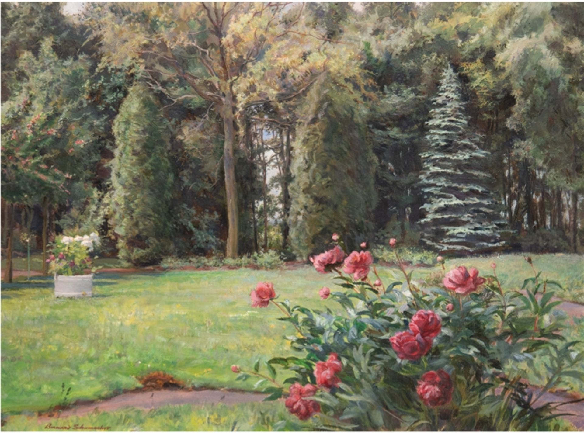 Schumacher, Bernhard Carl Heinrich (1872 Kassel-1939 Neumünster) "Parklandschaft mit Bauernrosen", 