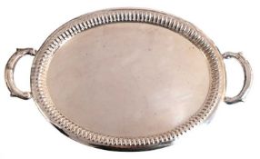 Tablett, oval, 835er Silber, Schweden, Rand vertikal gerippt, 2 seitliche Henkel, L. 41 cm, Gew. 54