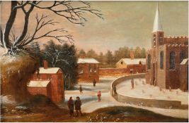 Altmeister 18. Jh. "Winterlandschaft mit Personenstaffage auf dem Kirchplatz", Öl/Holz (Holzplatte 