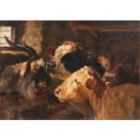 Maler um 1900 "Kühe und Ziege im Stall", Öl/Lw. unsigniert, 16,5x23 cm, Rahmen
