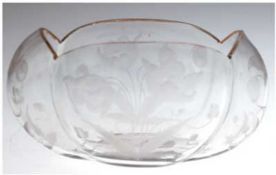Jugendstil-Glasschale, vierpaßförmig gebaucht, floral geschliffen, Goldrand, 9x16,5x12 cm