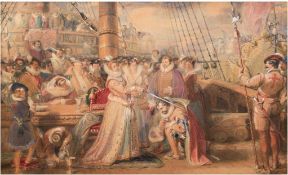 Historienmaler des 18./19. Jh. "Ritterschlag des Sir Francis Drake 1581 durch Elisabeth I.", Aquare