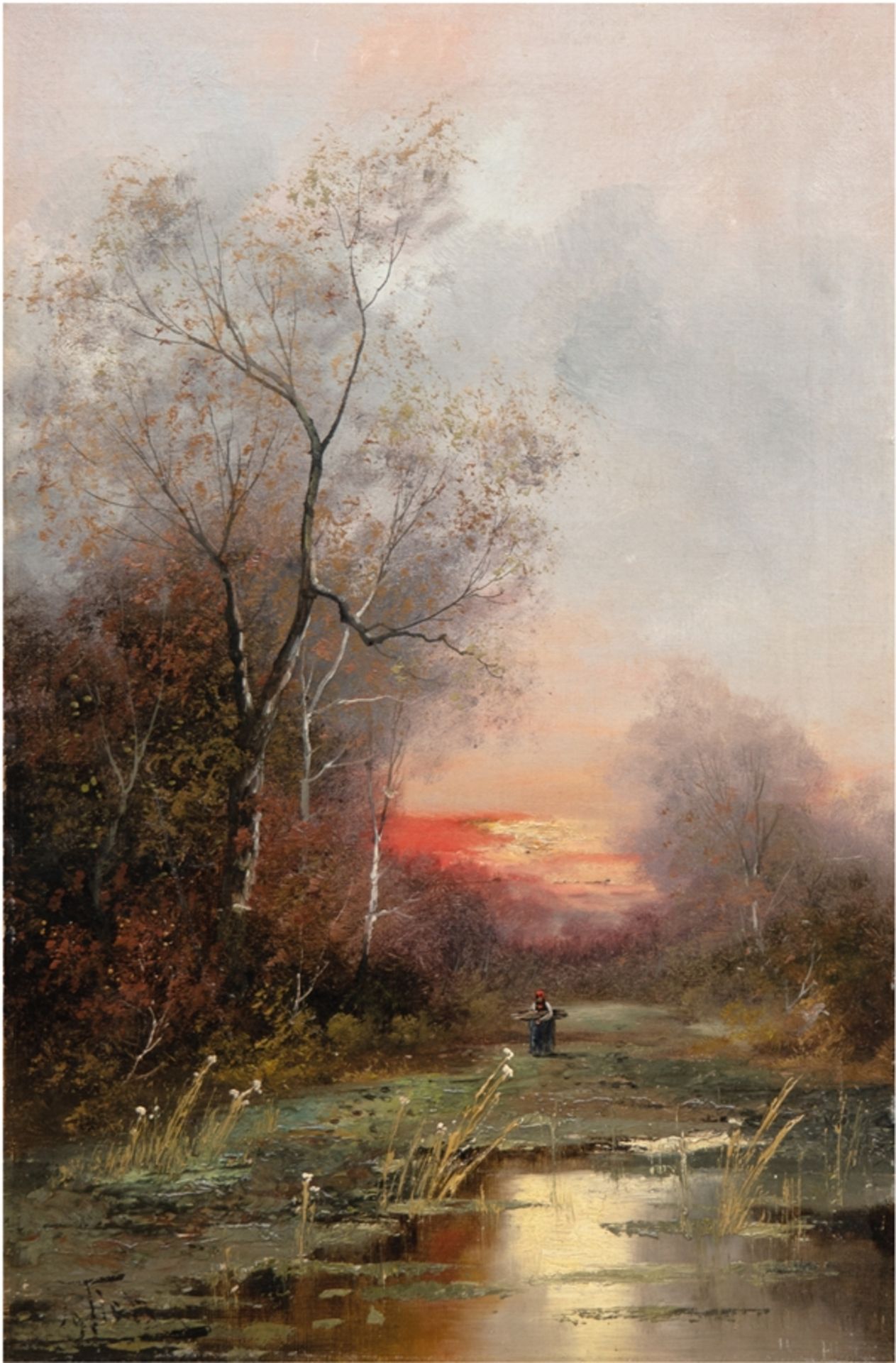 "Reisigsammlerin in der Abenddämmerung", Öl/Mp., undeutlich signiert u.l., 57x36 cm, ungerahmt