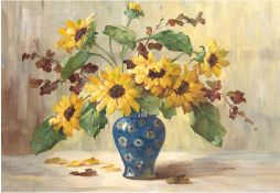 Petermann, Hedwig (1877 Mülheim an der Ruhr-1919 Düsseldorf) "Sonnenblumen in blauer Vase", Öl/Lw.,