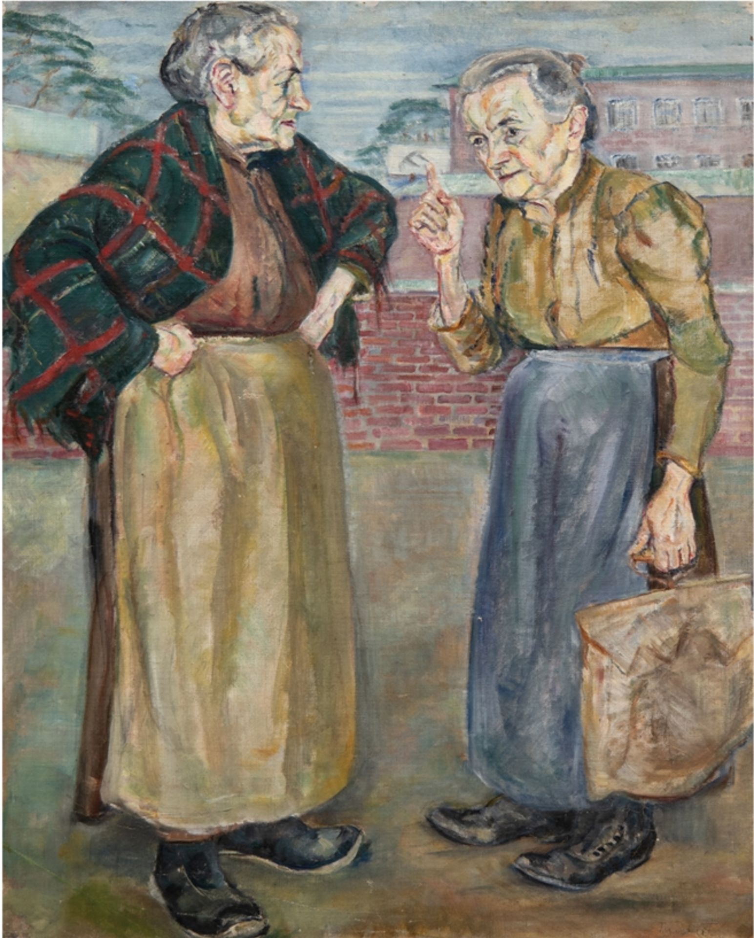 Glowinski-Taubert, Louise (1906 Zehlendorf-1988 Husum) "Zwiegespräch zweier Landfrauen", Öl/Lw, /Ho