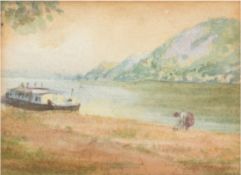 Farkas, Imere Kiss "Schiff am Flussufer", Aquarell, sign. u.r., 8,5x11 cm, im Passepartout hinter G