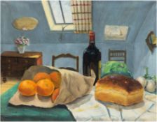 Bissier, J. (1. Hälfte 20. Jh.) "Stilleben mit Wein, Brot und Orangen auf dem Tisch", Öl/Lw., sign.