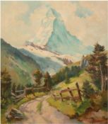 "Wanderweg zum Matterhorn", Öl/Lw., unsign., kl. Farbabplatzungen, 80x70 cm, Rahmen