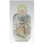 Snuff-Bottle, farbloses Glas, von innen bemalt mit figürlichen Landschaftsdarstellungen auf milchig