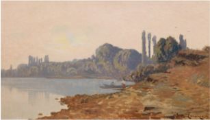 Laronze, Jean (1852 Génelard, Frankreich-1937 Neuilly-sur-Seine) "Idyllische Seenlandschaft", Öl/Lw