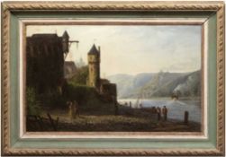 Romantiker des 19. Jh. "Romantische Flußlandschaft mit Burg und Raddampfer", Öl/Lw. auf Malpappe au