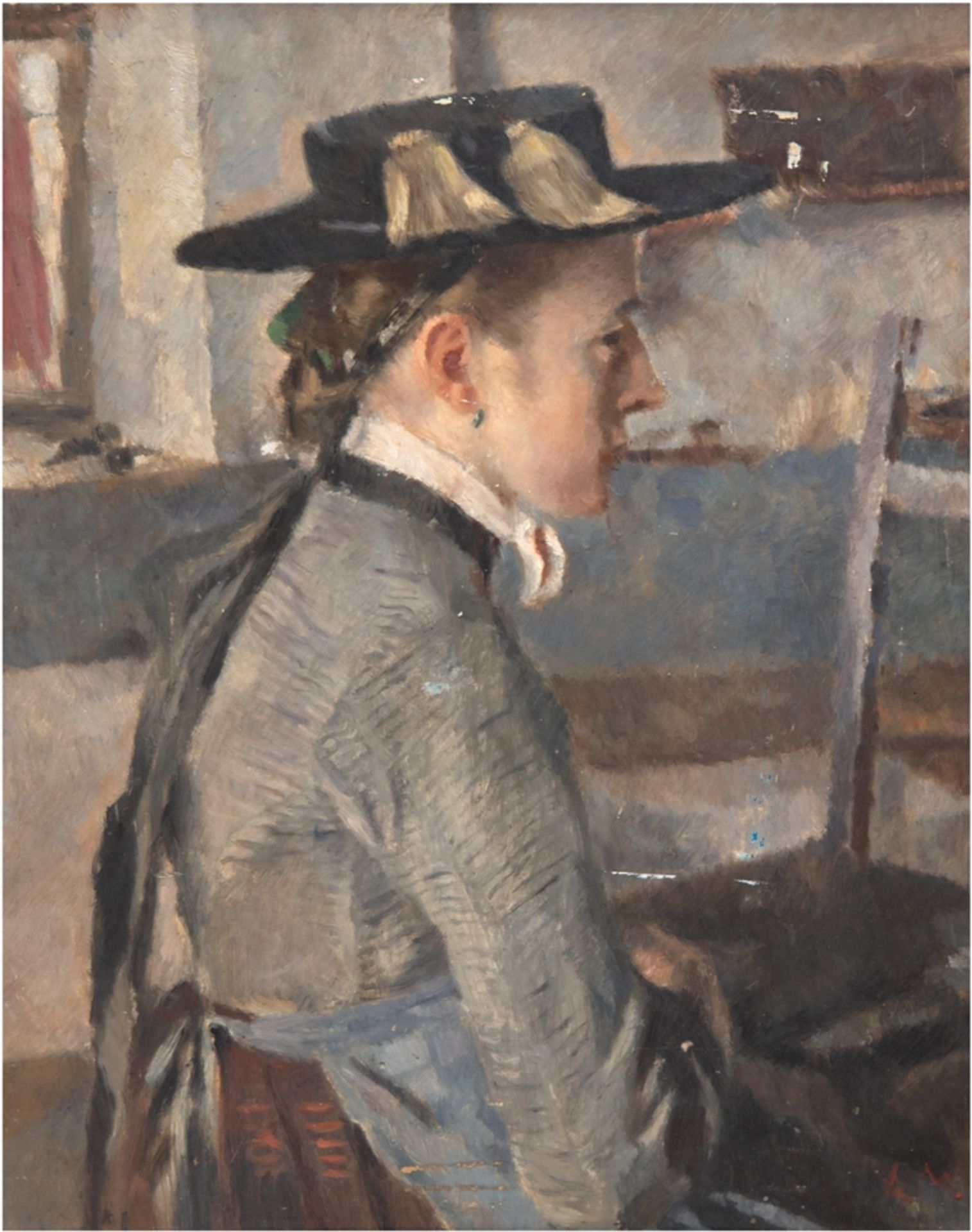 Monogrammist L.W. (süddeutscher Künstler, wahrscheinlich Linde-Walther) "Porträt einer Frau mit Hut