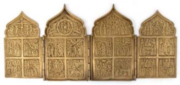 Reiseikone, Tetraptychon, mit 16 Szenen aus dem Neuen und Alten Testament, verso Kreuz vor Jerusale