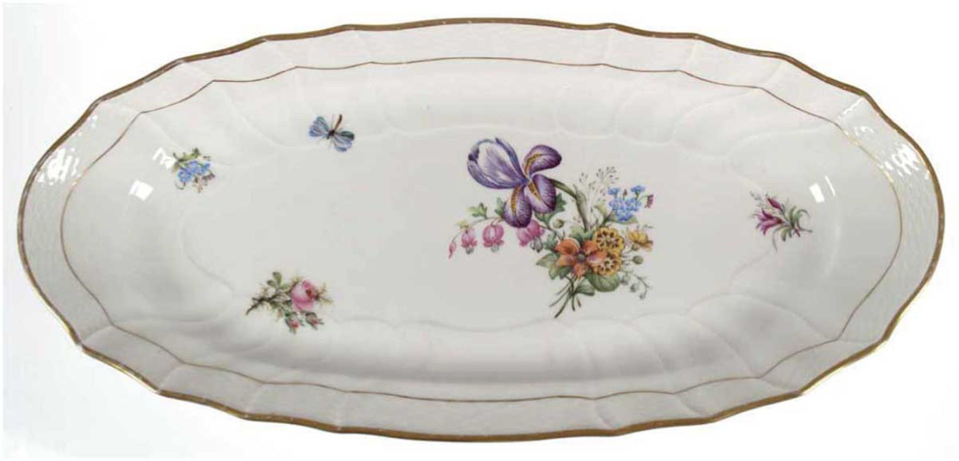 Große KPM-Platte, Bunte Blume, Neuosier, oval, Goldrand berieben, L. 52 cm