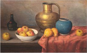 Koiygas, L. (Flämischer Künstler um 1900) "Stilleben mit Früchten, Krug und Vase", Öl/Sackleinen, s