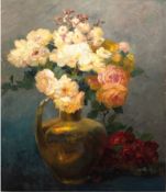 Ley, Sophie (1849-1918) "Blumenstilleben mit einem gelben Rosenstrauß in der Vase ", Öl/Lw., sign. 