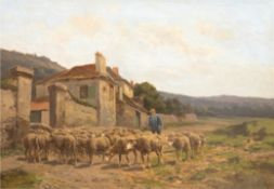 Quinton, Clement Charles Henry (1851 Paris-1924) "Schäfer mit seiner Herde vor Bauernhaus", Öl/Lw. 
