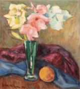 Wieger, Wilhelm (1890 Weimar- 1969 Cappeln) "Stilleben mit Gladiolen in der Vase und Apfelsine", Öl