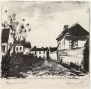 "Dörfliche Siedlung", Grafik, undeutl. handsign. u.r., 20,5x22 cm, im Passepartout hinter Glas und 