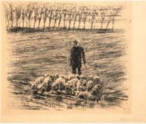 Liebermann, Max (1847-1935 Berlin) ""Ziegenhirte mit seinen Ziegen am Fluß", Radierung, handsign. u