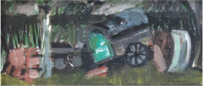 Becker, G. (20. Jh.) "Abstellplatz mit Planwagen", Öl/Lw., signiert und datiert '64 u.r., 19x44 cm,