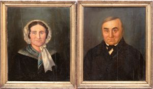 Paar Biedermeier-Porträts "Bildnis einer Dame mit Spitzenhaube" und "Bildnis eines Herren", Öl/H., 