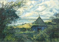 "Reetdachkaten an der Ostsee", Öl/Lw., undeutl. sign. u.r., 32x41,5 cm, Rahmen