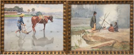 2 Aquarelle "Bauer mit seinem Pferd" und "Frau mit Kindern am Lagerfeuer", Asien, monogr. "JK", je 