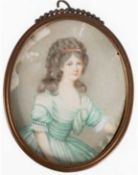 Miniatur "Mädchenporträt mit rotem Haarband und grünem Kleid", oval, 19. Jh., Gouache/Bein, am Rand