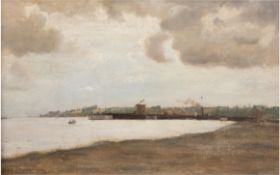 Maler um 1900 "Küstenlandschaft mit Ruderboot", Öl/Holz, unsigniert, rücks. bez. "C. Eckardt", 31x4