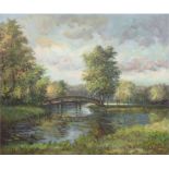 Fichtner, A. (um 1900) "Flußlandschaft mit Brücke", Öl/Lw., sign. u.r., 50x65 cm, Rahmen