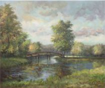 Fichtner, A. (um 1900) "Flußlandschaft mit Brücke", Öl/Lw., sign. u.r., 50x65 cm, Rahmen