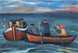 Weyl, Hans (1925 Heiligenbeil/Ostpreussen-1994 Barth) "Fischkutter und Fischer im Boot", Öl/Hf., rü