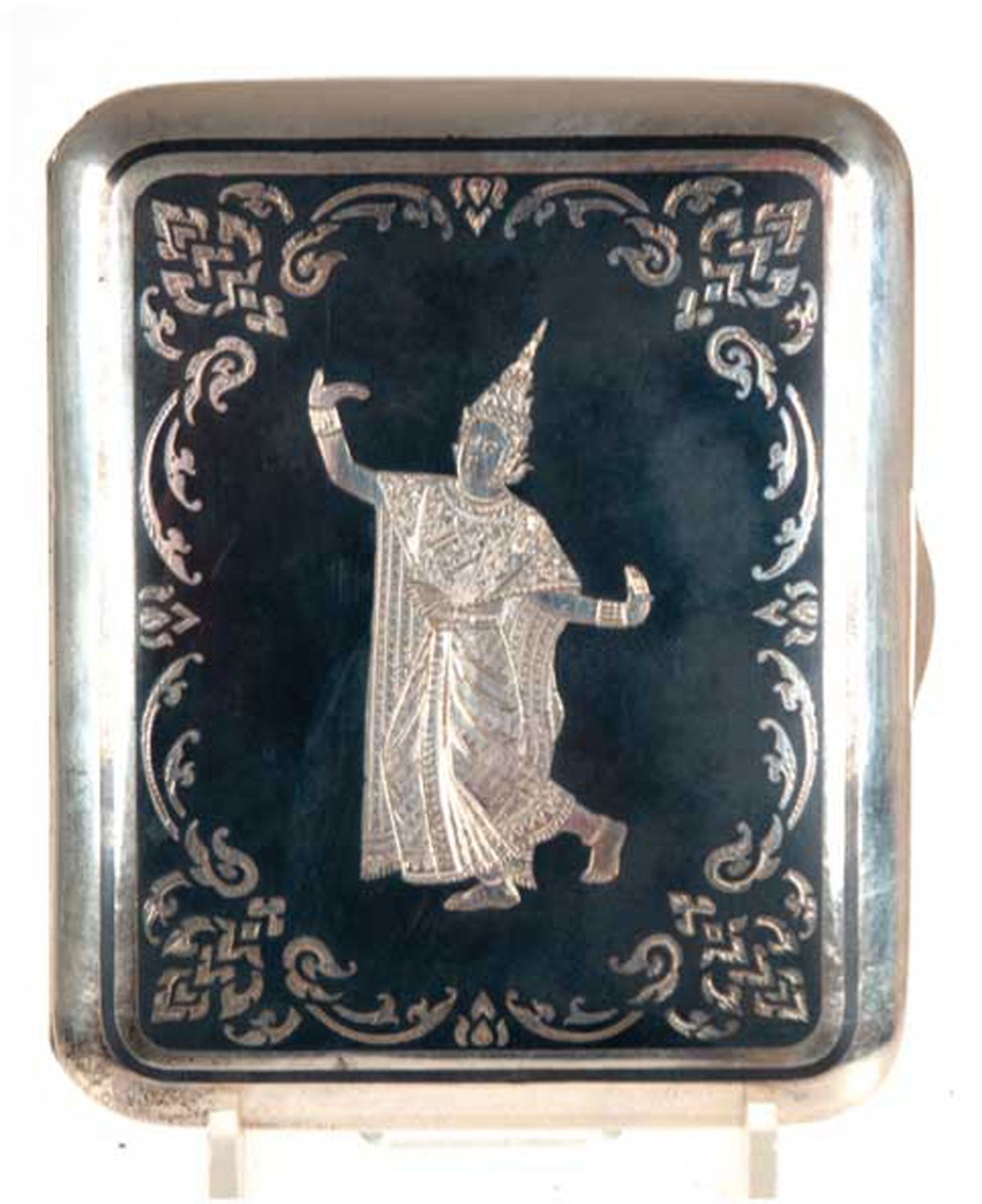 Zigarettenetui, 925er Silber innen vergoldet, 120 g, Deckel mit Niellodekor, Darstellung einer asia