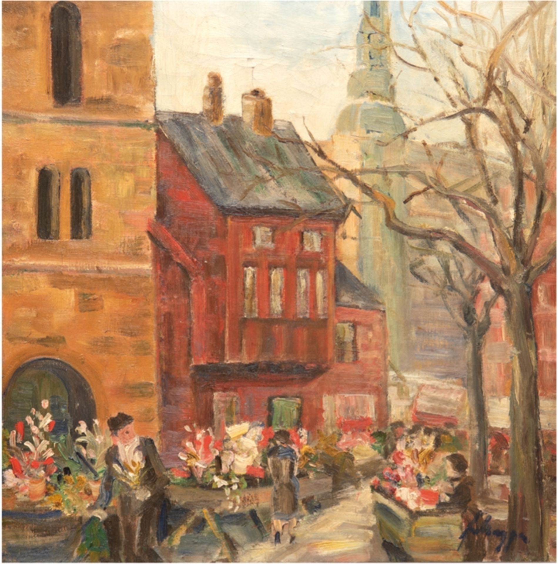 "Blumenmarkt in der Stadt", Öl/Lw., undeutl. sign. u.r., 41x37 cm, Rahmen
