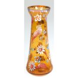 Jugendstil-Hyazinthenglas, bernsteinfarbenes Glas mit polychromer Emaille- und Goldmalerei, Blumen-