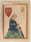 Bildplatte "Walther von der Vogelweide", Karlsruher Majolika, Motiv aus der Manessischen Liederhand