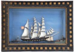 Diorama "Dreimastsegler vor Küste", halbplastisch gearbeitet, mit kleinem Segelboot und Fischerboot