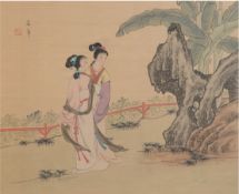 Chinesische Seidenmalerei "Hofdamen im Garten", signiert l.o., Seide auf Seide montiert, 30x36,5 cm