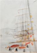 Dufy, Raoul (1877-1935, Zuschreibung) "Segelschiffe im Hafen mit Personenstaffage", Aquarell, 38x24