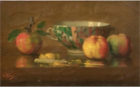 Huber, L. (Ende 19. Jh.) "Stilleben mit Äpfeln und Porzellanschale", Öl/Lw., signiert u.l., Craquel
