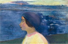 Koch-Stetter, Dora (1881 Bayreuth-1968 Ahrenshoop-Althagen) "Frau mit blauer Mütze", Mischtechnik, 